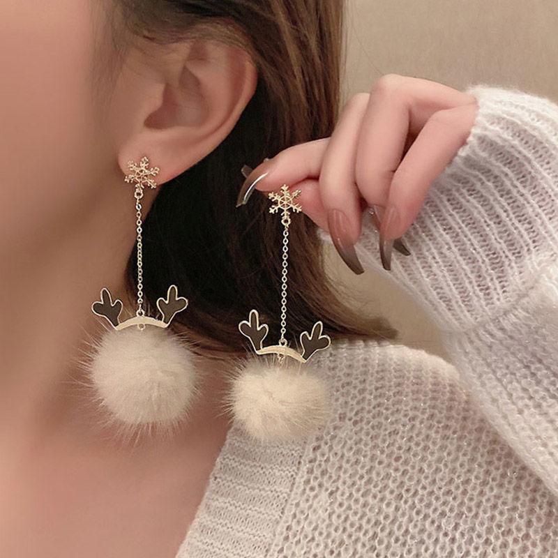 2025 Snowflake Antler Hair Ball Tassel Earrings for Women Cute Red Bow Plush Earrings Light Luxury Temperament Christmas Jewelry
