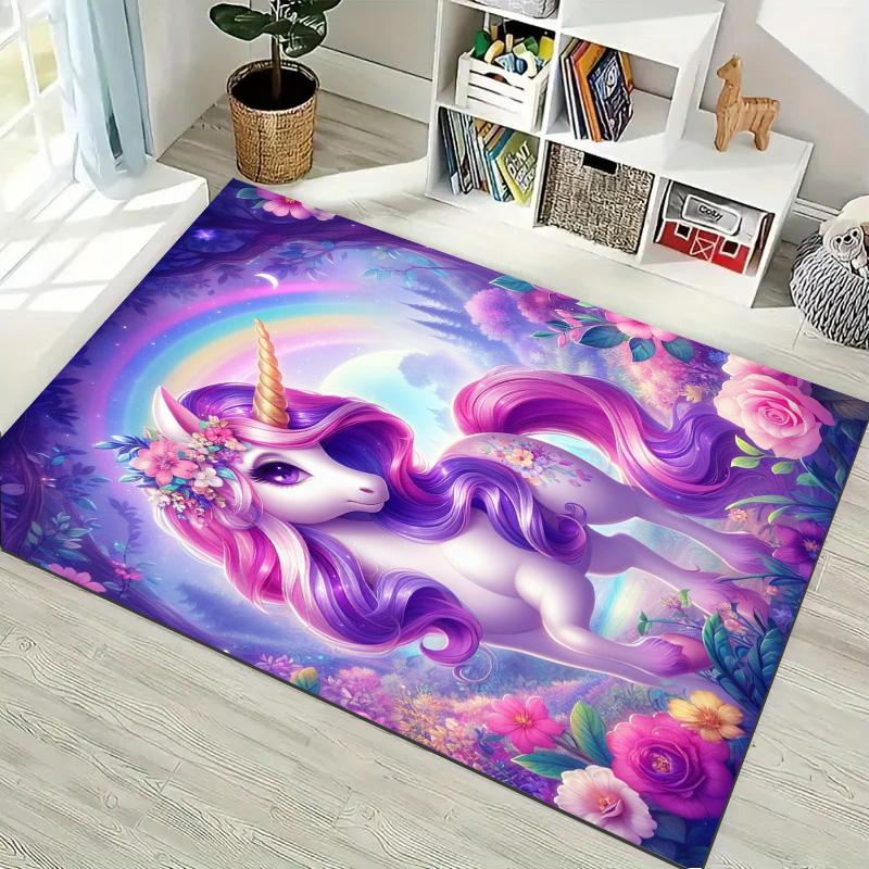 Rainbow Unicorn Floral Print Non‑Slip Rug, Fantasy Art Decor Carpet for Living Room Bedroom Home Decoration