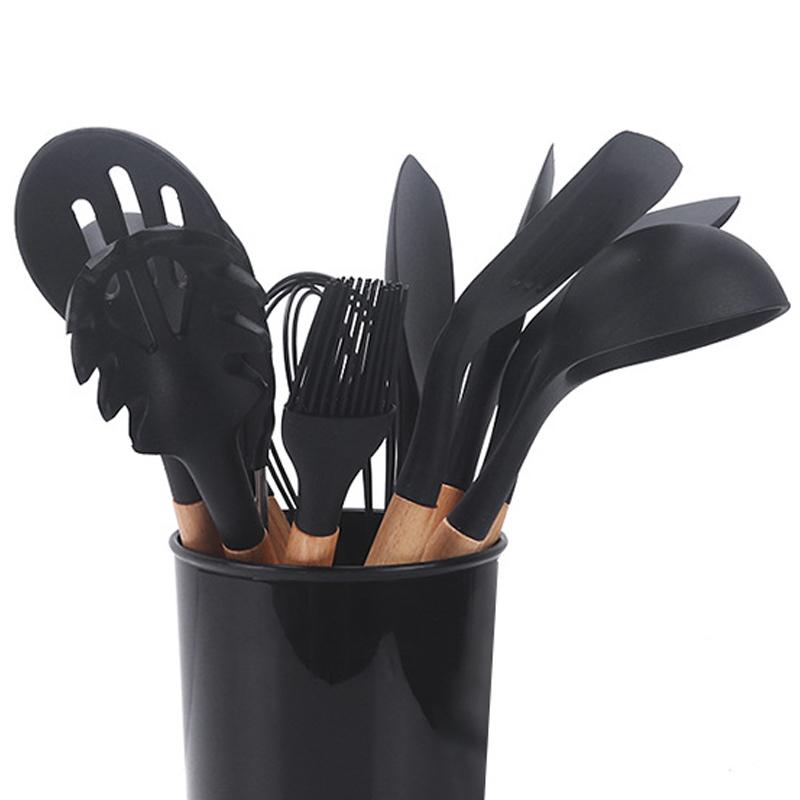 Wooden Handle Silicone Kitchen Utensils Non Stick Cooking Spoon Spatula Brush Scraper Clip Set