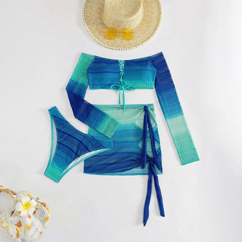 Cikini Knitted Strapless Long Sleeve Bikini Set Top Triangle Swimwear Bottom Hollow Out Skirt Bikini Set 3pcs,Summer Beach