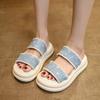 Fashion Outside Flip-Flops Summer New Round Head Open Toe Sequined Cloth Platform Soft Bottom Non-Slip Beach Cool Mopping