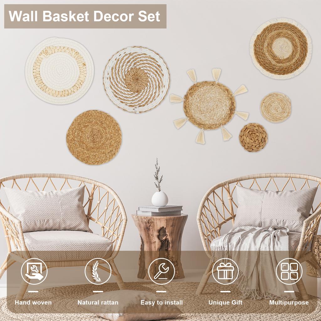 7pcs Woven Wall Basket Decor Bohemian Rattan Wicker Wall Decorative Woven Rattan Wall Basket Hanging Handmade Farmhouse Wall Han