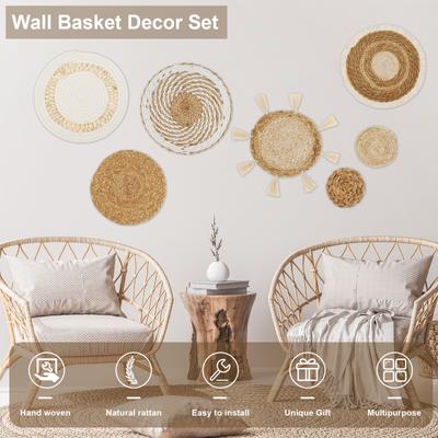 7pcs Woven Wall Basket Decor Bohemian Rattan Wicker Wall Decorative Woven Rattan Wall Basket Hanging Handmade Farmhouse Wall Han