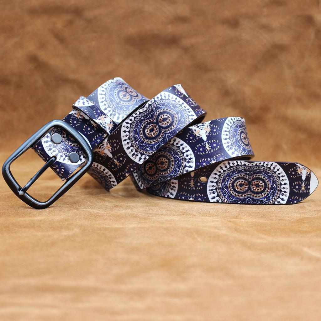 Real Cowhide Retro Owl Eyes Graffiti Printed Belt Personalized Retro Belt American Japanese and Korean Style