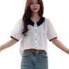 European Color-Block Peter Pan Collar Lace Embroidered Short-Sleeve Women’s Loose-Slimming Top