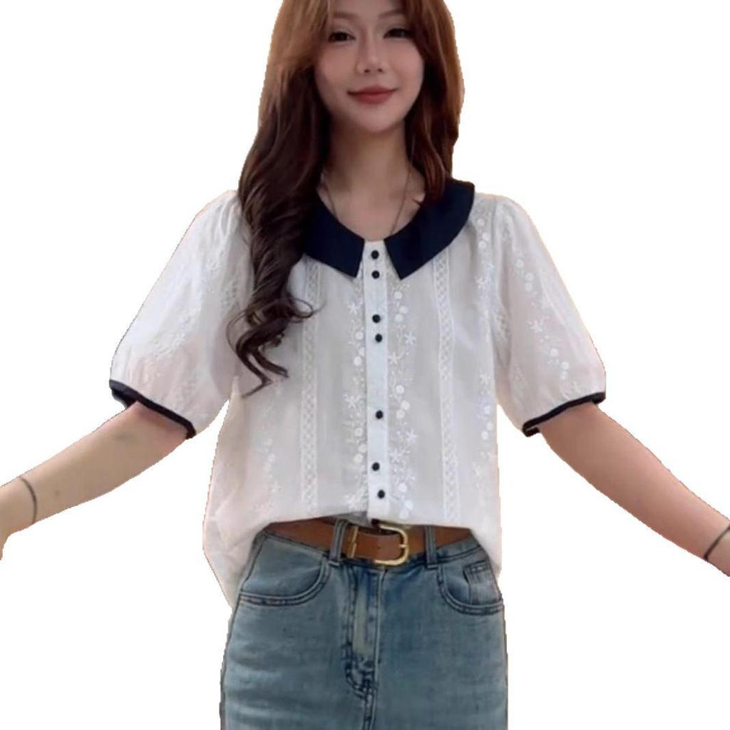 European Color-Block Peter Pan Collar Lace Embroidered Short-Sleeve Women’s Loose-Slimming Top