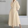 Women Casual Turn Down Collar Long Sleeve Loose Long Dress