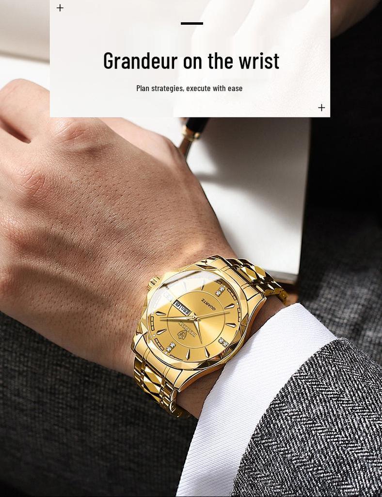 Tycoon Gold Men's Stainless Steel Double Calendar Waterproof Watch