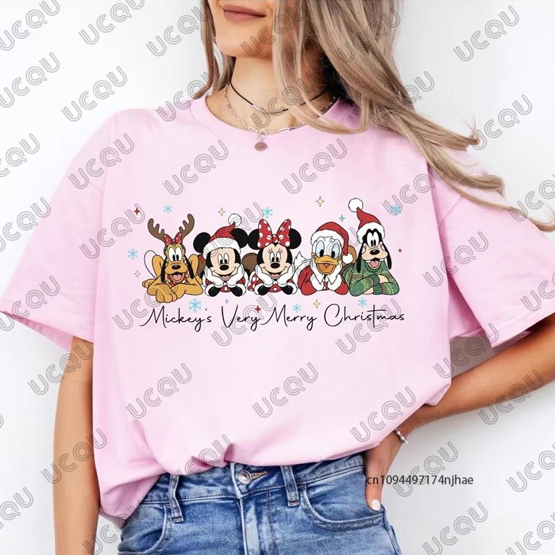 Christmas Family Mickey Mouse Print Cotton Tshirt For Women Summer Short Sleeve Oneck Tees Casual Oversized Couple Tops