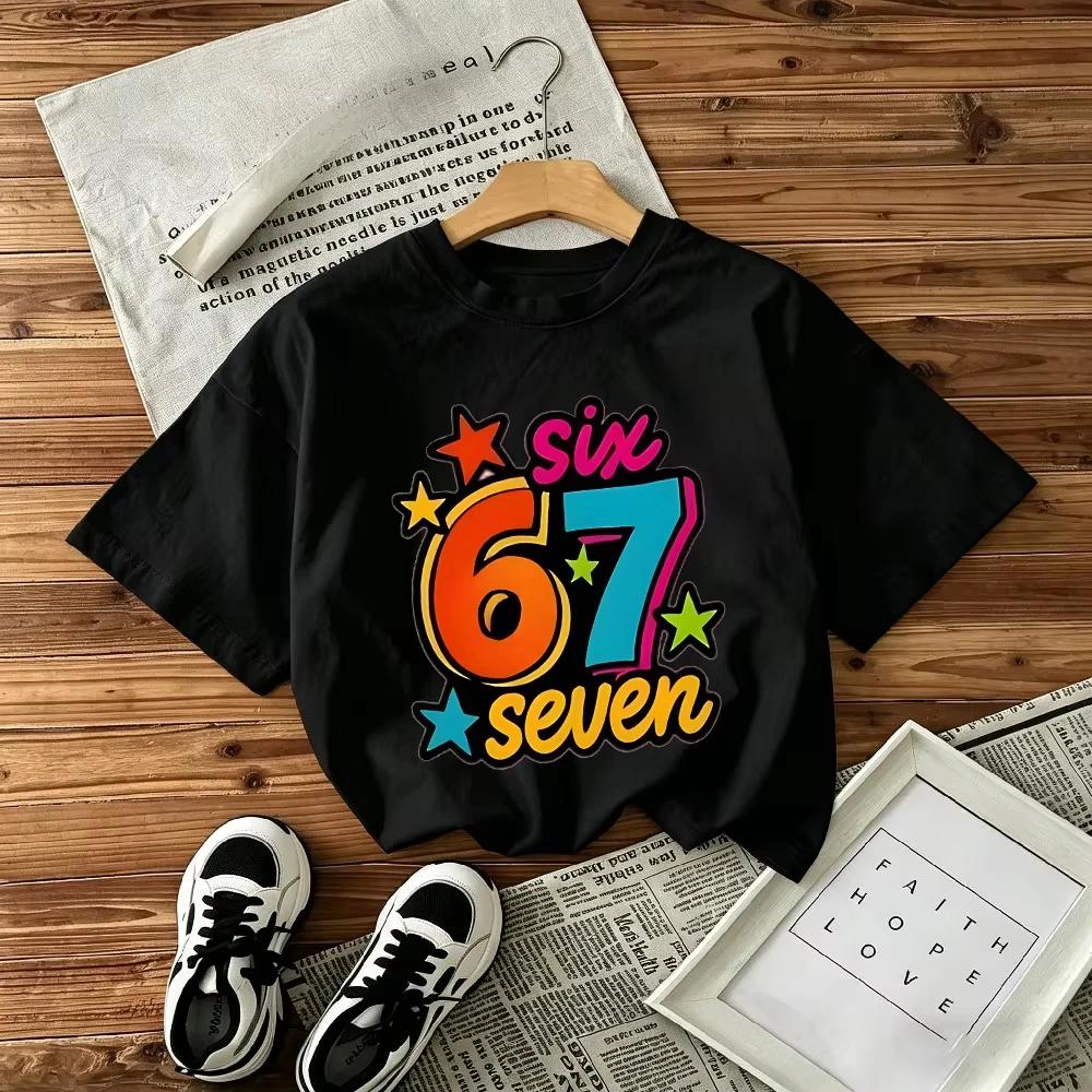 Toddler Kids Summer Short Sleeve Tshirt Cartoon Colorful Number 67 Star Letter Pattern Crew Neck Party Fashion Clothing
