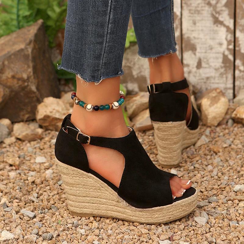 Fashion Vintage Cover Heel High Heel Sandals for Women Fashion Flock Open Toe Sandal Woman Plus Size Anckle Strap Wedge Sandalias Mujer
