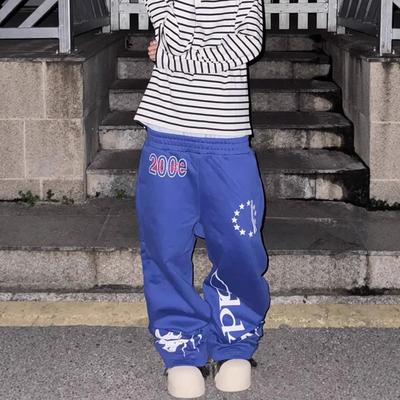 Blue Sports Style Printed Sweatpants Men and Women American Street Feeling Loose Casual Street Dance Niche Casual Pants