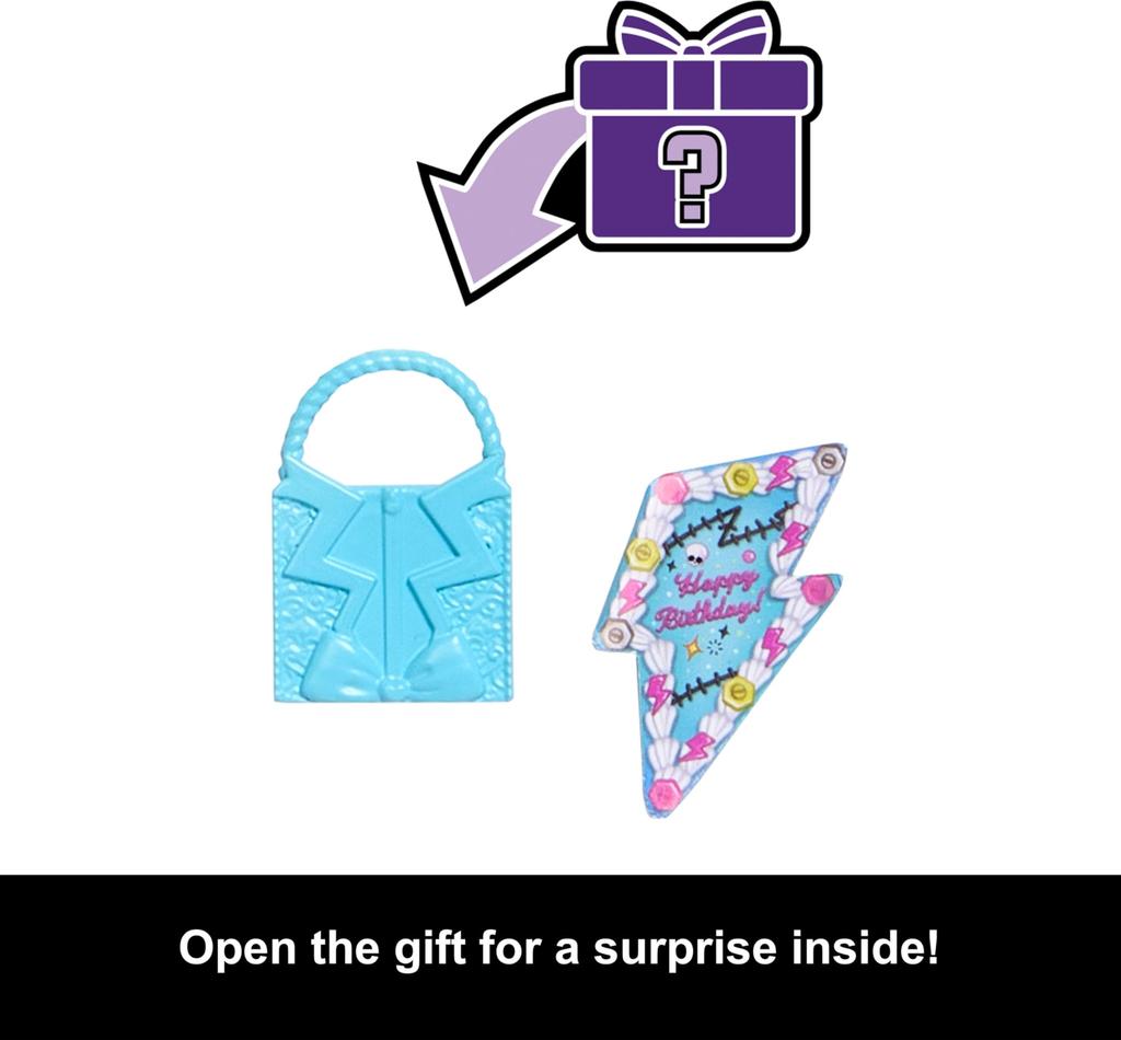 Monster High Scary Sweet Birthday Frankie Stein in a Black Party with themed accessories including an and Doll, Dress, invitation, balloons, toys,