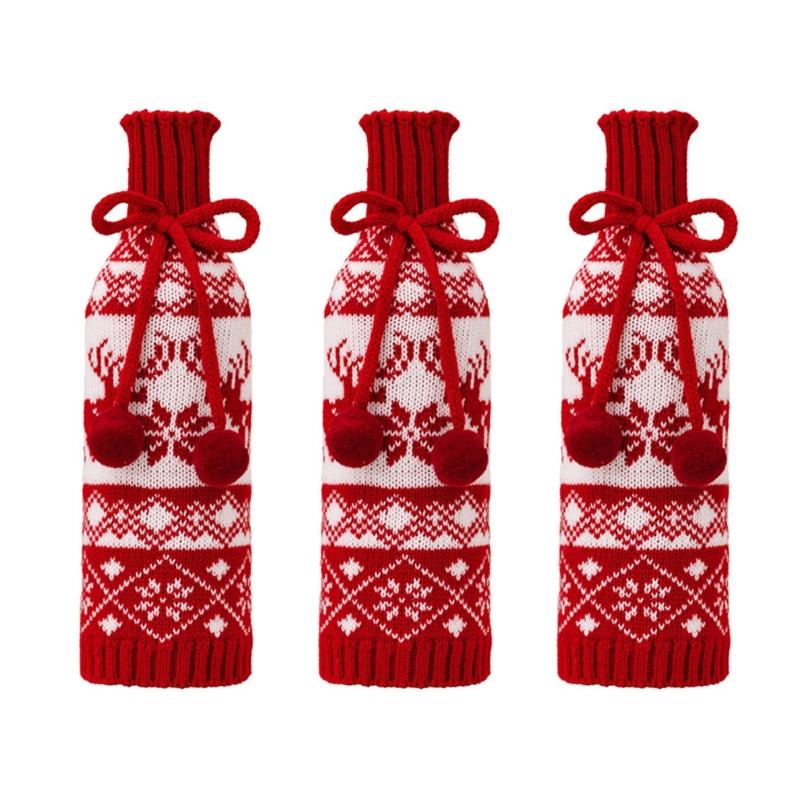 3Piece Festival Snowflake Knits Wine Bottle Sleeves Wine Bottle Cover For Christmas Celebration Festival Wine Dress