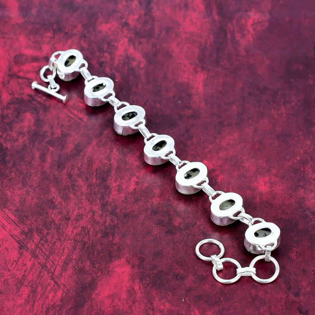 Bransoletka z jaspisu Dalamntion 925 Sterling Silver, Ręcznie robiona biżuteria z kamieniami szlachetnymi, Prezenty dla żony, Zupełnie nowa bransoletka