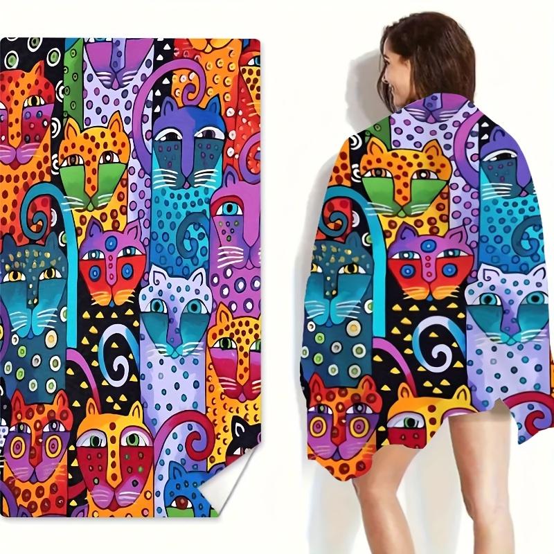 Serviette de plage chat abstrait coloré Impression recto Microfibre séchage rapide Serviette pour piscine plage natation Art Bohème pour amoureux des chats