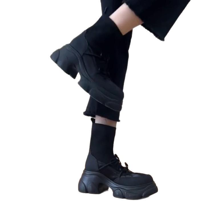 Lan Cabinet Edition~ 2025 New Autumn Thick-soled Elastic Boots Women's British Style Splicing Bow Muffin Bottom Skinny Boots