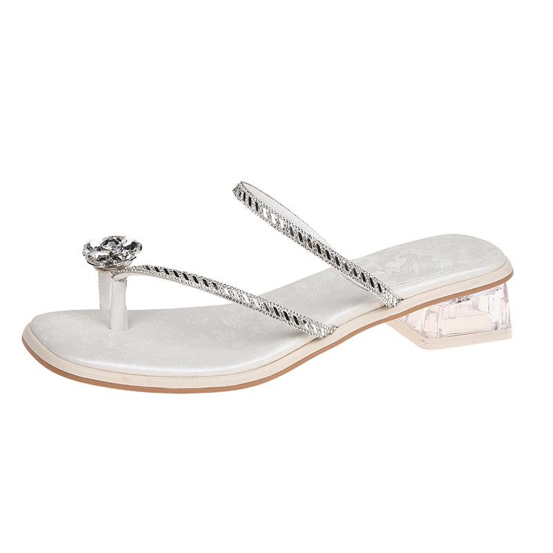 Französische Pantoletten mit dickem Absatz für Damen zum Tragen 2025 Sommer neue Mode Strass coole Pantoletten vielseitige Zehen Römersandalen