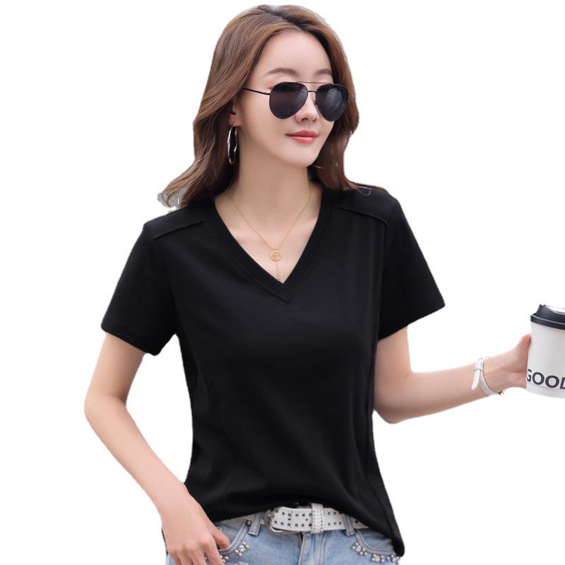 Korean Style V-Neck Cotton Short Sleeve Women's T-Shirt, Solid Color, Loose Fit, Plus Size, Spring/Summer Collection