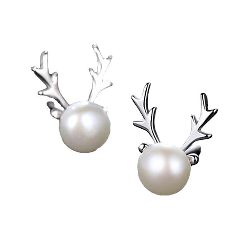 Silver Pearl Stud Earrings - Christmas Reindeer Antlers, Korean Fashion Style