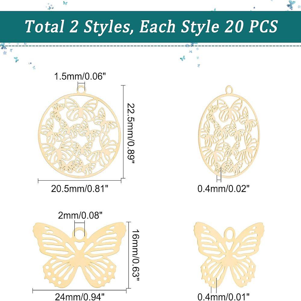 40Pcs 2 Styles 201 Stainless Steel Filigree Pendants Etched Metal Embellishments Butterfly Real 18K Gold Plated 22.5x20.5x0.4mm Hole: 1.5mm