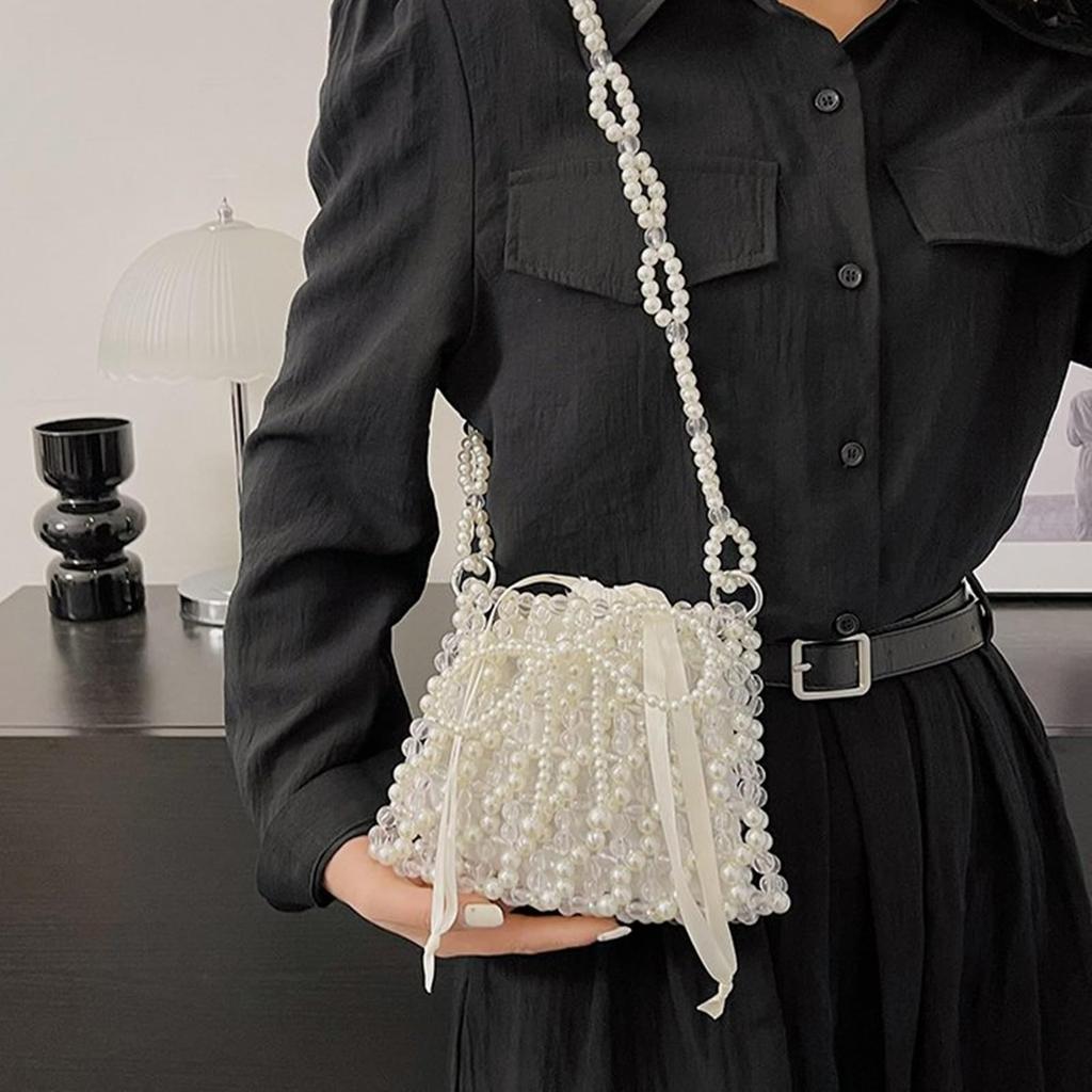Lamerry Beaded Pearl Drawstring Bag, Wedding Shoulder Bag, Crossbody Bag, Party Bag, Yukata, Hakama, Entrance Ceremony, Graduation Ceremony, White