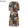ZANZEA Women Summer Print Casual V-Neck Loose 3/4 Sleeve Long Dress