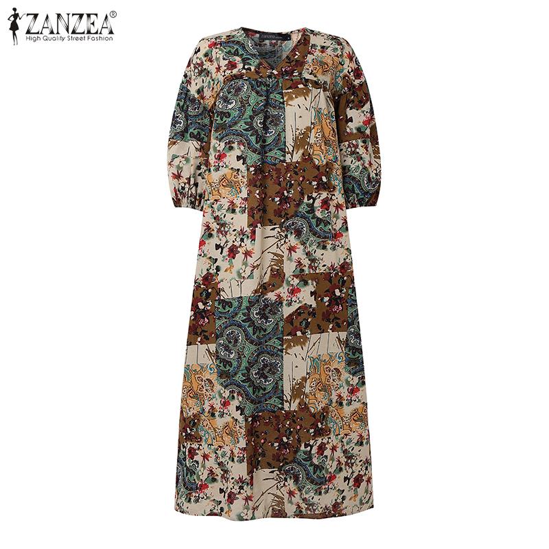 ZANZEA Women Summer Print Casual V-Neck Loose 3/4 Sleeve Long Dress