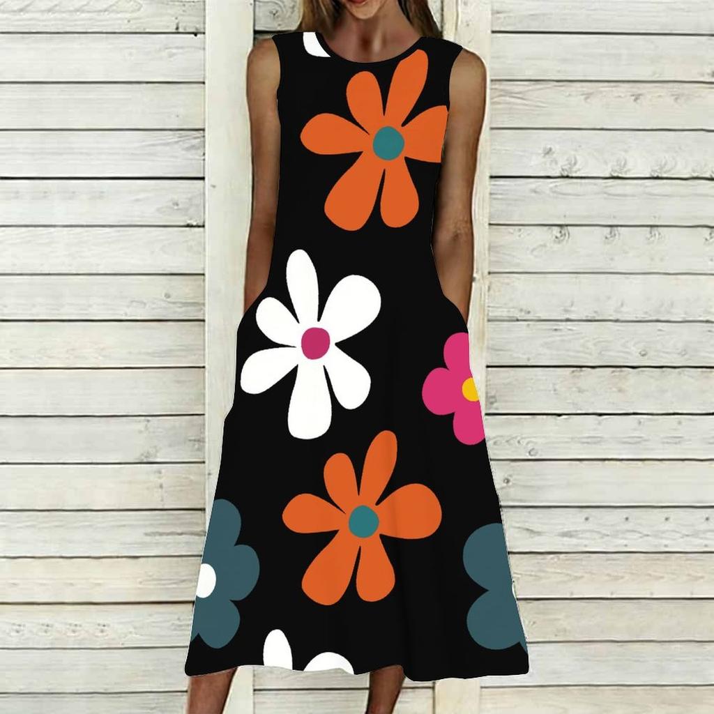 Women Plus Size Sleeveless Crew Neck Dress Watercolor Floral Printed Loose Midi Dress For Vacation Daily Wear