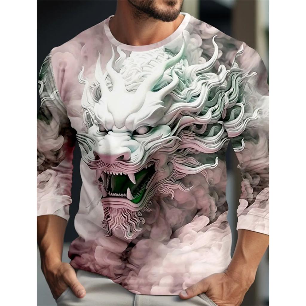 Spring and Autumn Round Neck 3D Dragon Pattern Printed Top Fashionable Casual Long Sleeved Men's T-shirts