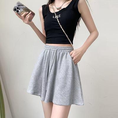 Summer Women's Gray Casual Shorts - High Waist Wide Leg Loose Fit Slimming Drawstring Skort Pants