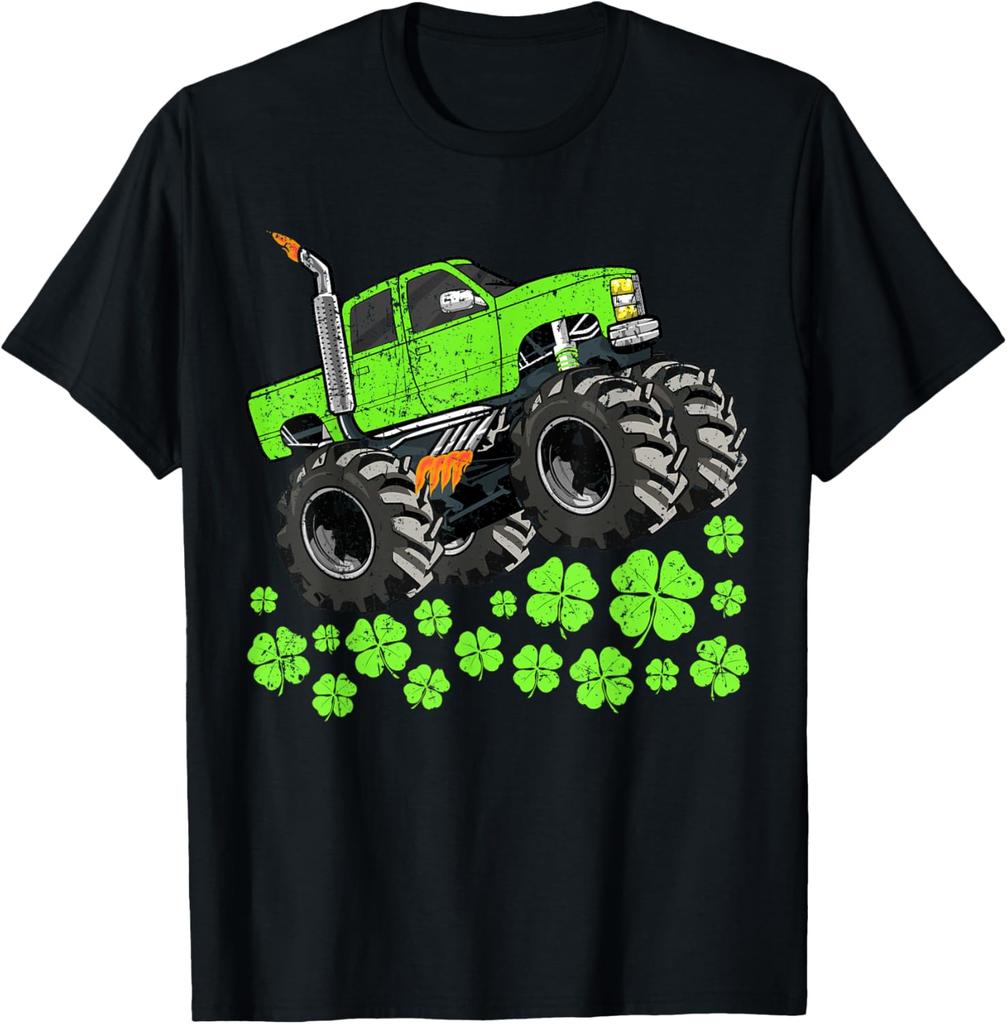 St Patricks Day Monster Truck Graphic Tee Shirt Green Clover Casual Short Sleeve Tops