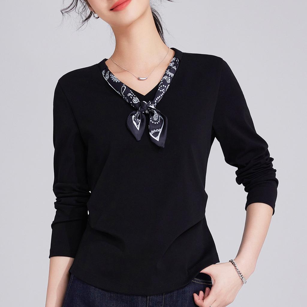 High-end Silk Scarf Long-sleeved Front Shoulder Women's New Temperament Light and Mature Wind Pleated Waist and Thin Top