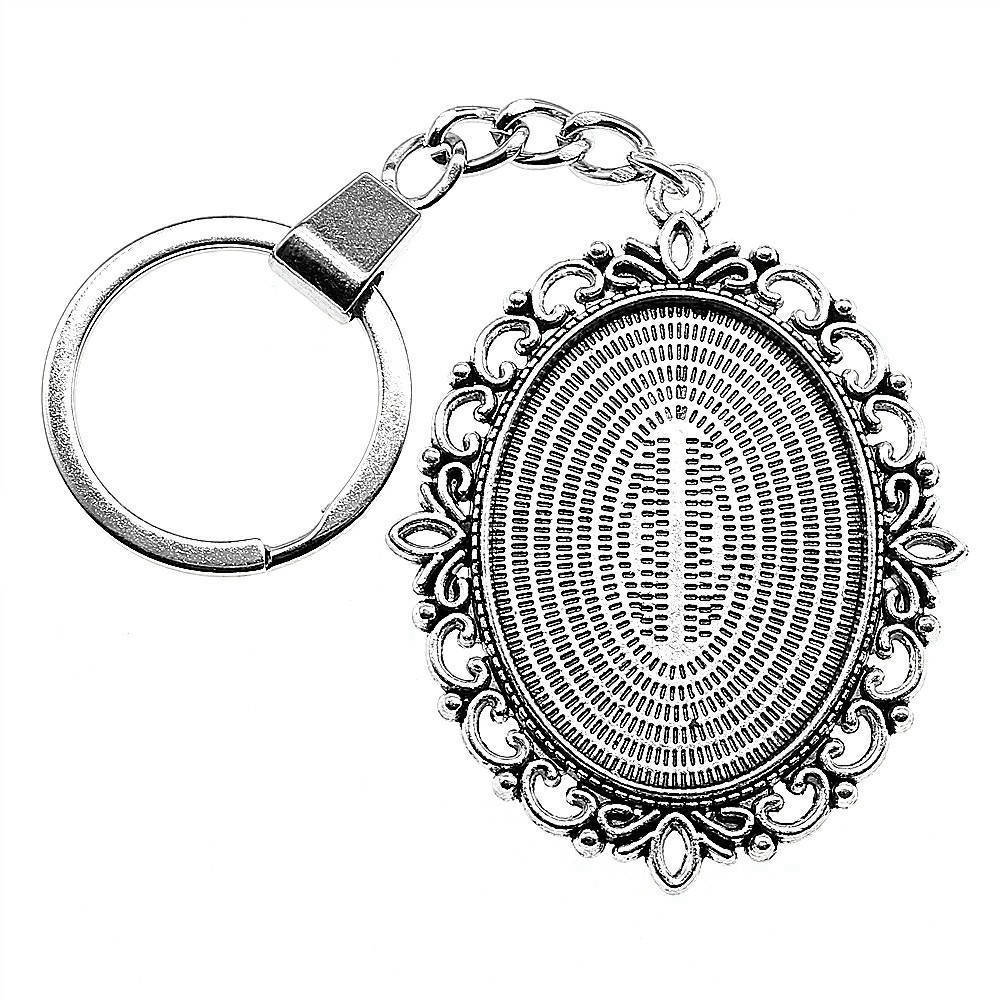 Heart Elliptical Glass Cabochon Base Setting Tray Blank Antique Bronze Metal Keychain for Family Gift