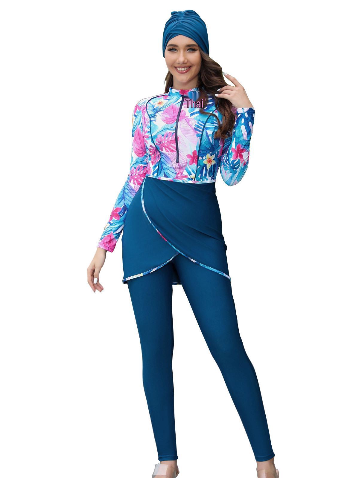 

2024 Women s Conservative Printed Burkini Swimwear 2XL синий