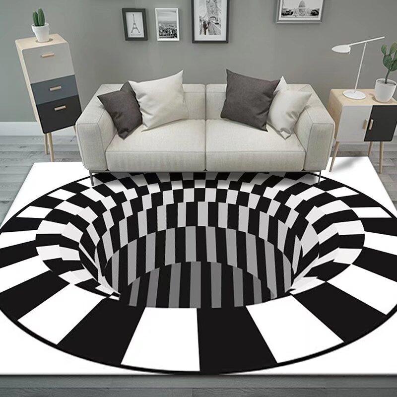 3D Vortex Illusion Black White Rug for Bedroom Floor Mat Abstract Geometric Optical Vertigo Carpet Non-slip Living Room Decor