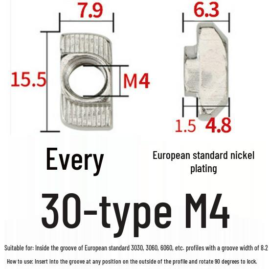European Standard T-Nut - Rear-Mounted T-Shaped Hammer Head for Aluminum Profile (M4, M5, M6, M8) 20/30/40/45.