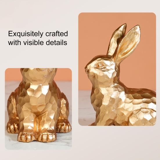 2Pcs Easter Bunny Ornament Carved Golden Rabbit Resin Figurine Animal Statue Home Office Holiday Party Desktop Decoration