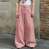 INCERUN Men Drawstring Elastic Waist Plaid Print Casual Long Wide Leg Pants Trousers