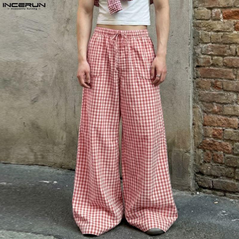 INCERUN Men Drawstring Elastic Waist Plaid Print Casual Long Wide Leg Pants Trousers
