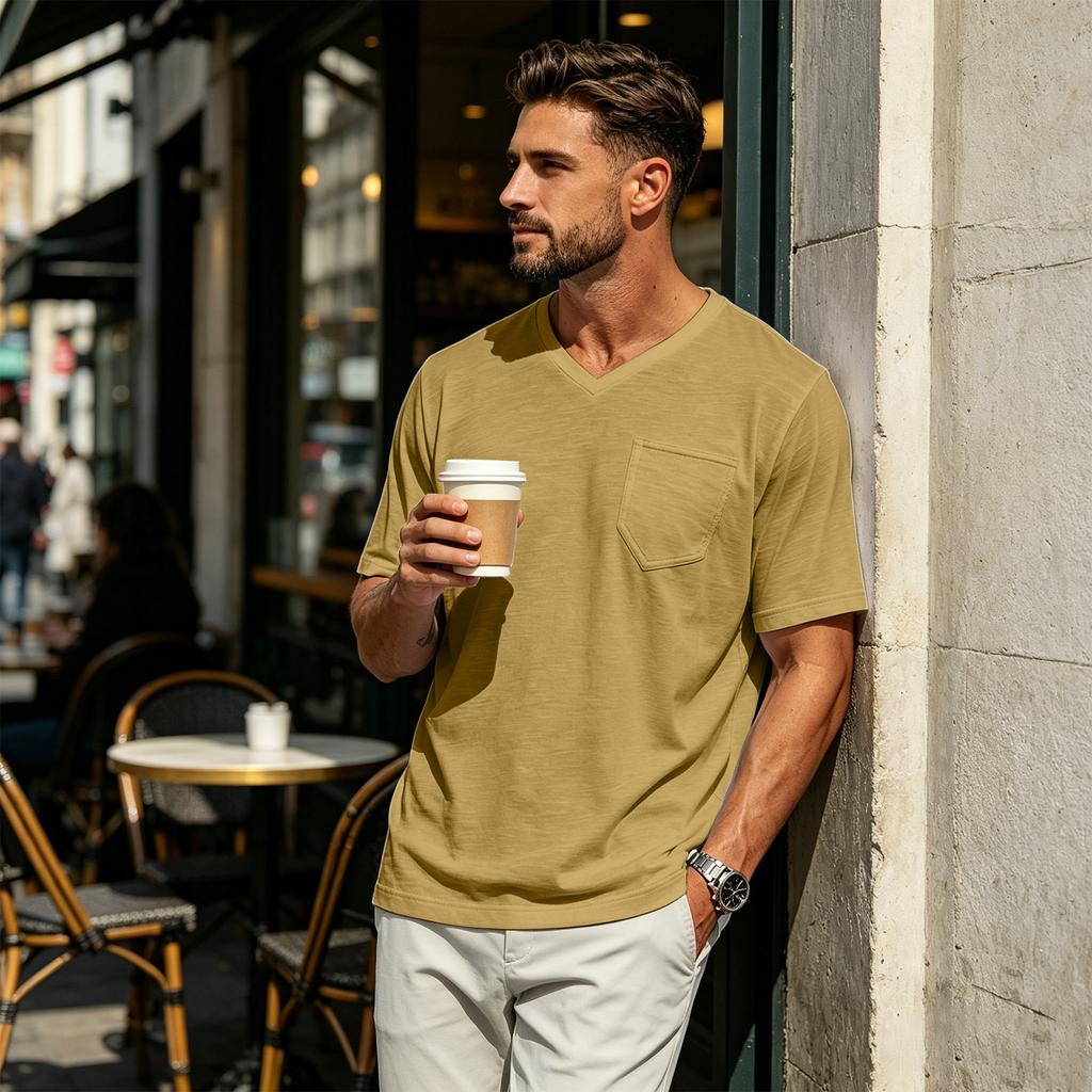 Herren Freizeit Hemd mit V-Ausschnitt, Leicht, Atmungsaktiv, Kurzen Ärmeln, Brusttasche, Weichem Stoff, Bequemer Passform, Sommer Top