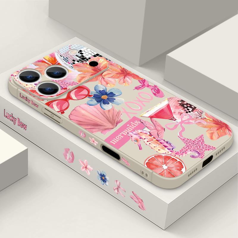 For iPhone 17 Pro Max Case Pink Cartoon Floral Pattern Soft Silicone Lanyard Cover For iPhone 16 Pro Max Cover iPhone 15 14 13 12 11 16E Air