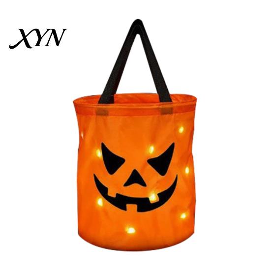 Halloween Party Accessory for Children Glowing Pumpkin Candy Bag with LED Lights, Reusable Treat Portable Holder Tote Kids, Trick or Handbag