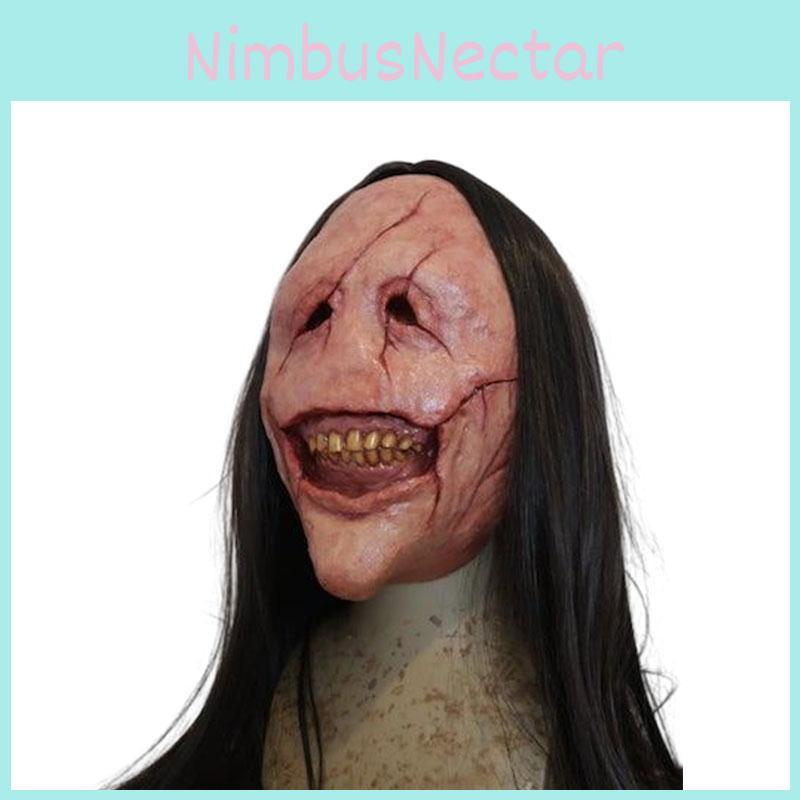 Halloween Horror Demon Mask With Long Hair Red-faced Devil Mask With Exposed Teeth