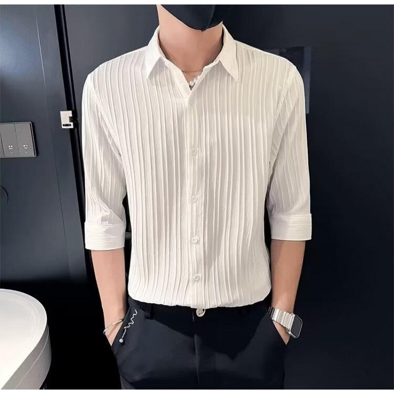 

2024 Мужская модная рубашка с рукавом три четверти и однотонными лацканами на весну и лето 2XL белый