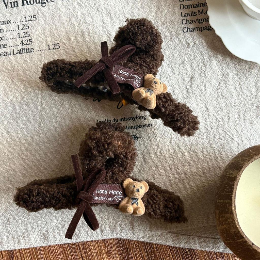 Coffee Color Bear Bowknot Plush Shark Hair Clip - Large, Versatile, Winter Design for Women