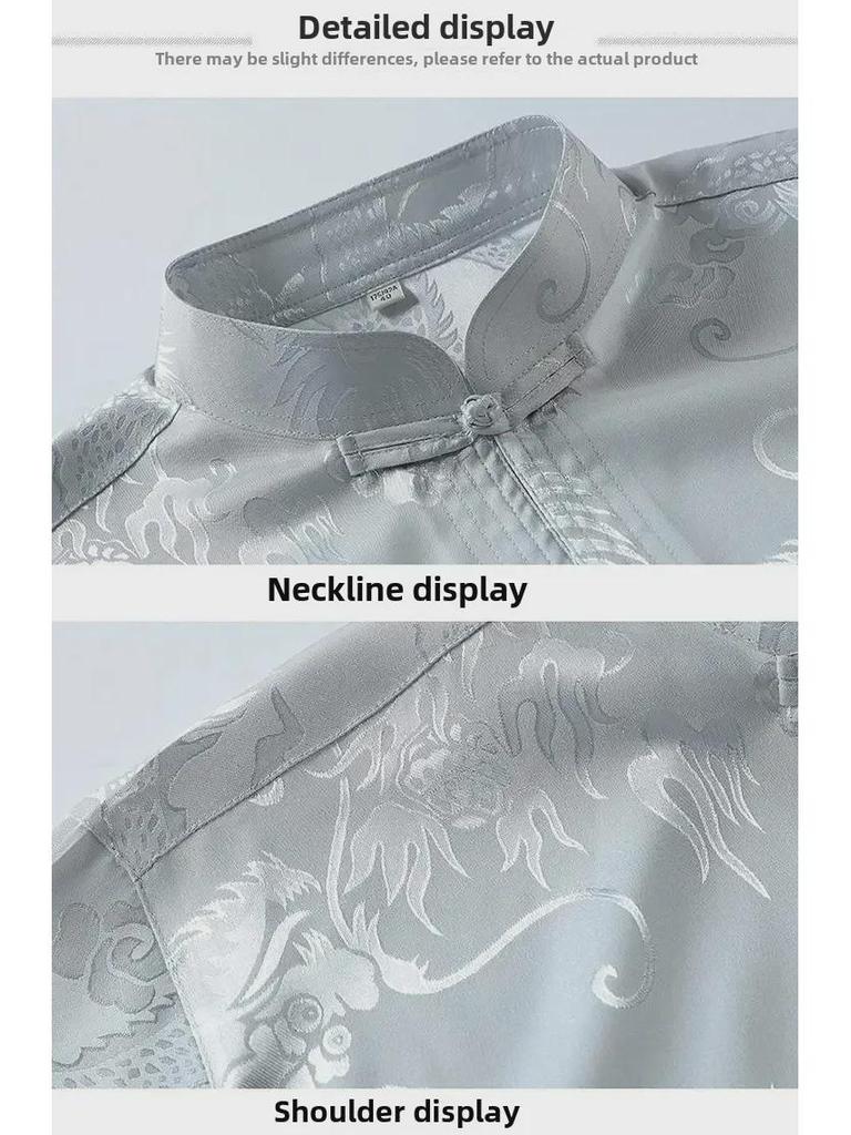Ice Silk Tang Suit Long-Sleeved Shirt: Men's Chinese-Style Spring/Autumn Dress for Middle-Aged and Elderly