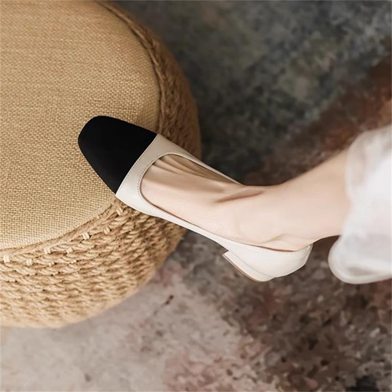 French Soft Leather Color Matching Small Fragrant Style Thick Heel Square Head Single Shoes Women's Summer 2025 New Versatile Light Mouth Ladyshoes