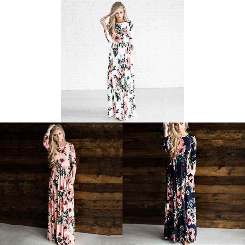 Elegant Summer Floral Print Long Sleeve Dress For Women In White Pink Green And Navy Blue