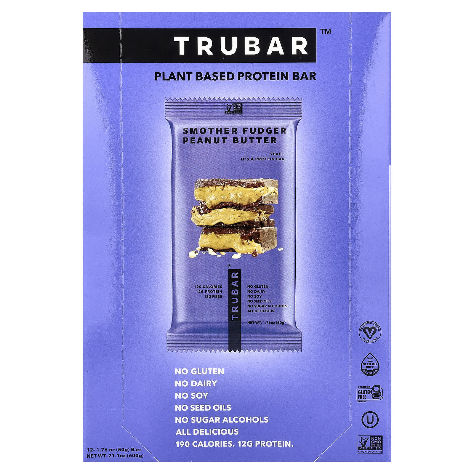 

Trubar, Plant-Based Protein Bar, Smoother, Peanut Butter, 12 Bars, 50g (1.76oz) Each